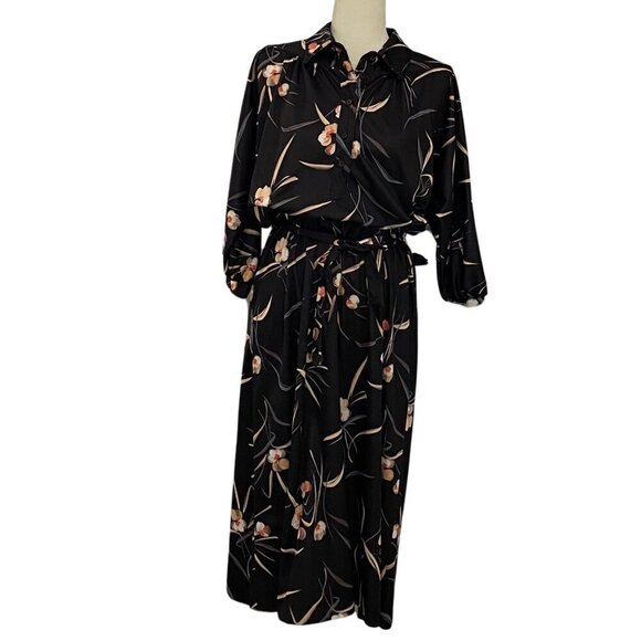Vintage 70s Floral Midi Dress Leo Danal Batwing Sleeves Tie Waist Sz M - Picture 2 of 10